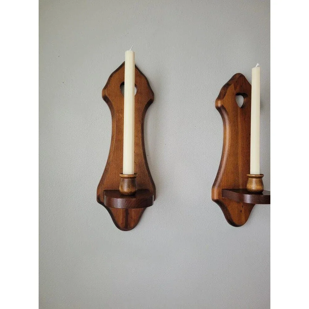 Vintage Heart Wood Wall Candle Sconce Set of 2 1980s